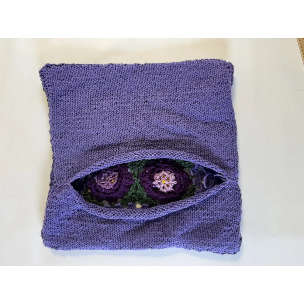 Handmade Crochet Floral Pillow Cover Purple Green Cottagecore Botanical 14x14